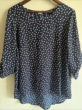 Navy White Polka Dot Blouse High Low Sheer Sleeve Top L